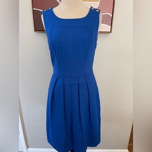 Trina Turk Royal Blue Fit And Flare Dress w Gold Buttons Size 2 - Picture 1 of 7